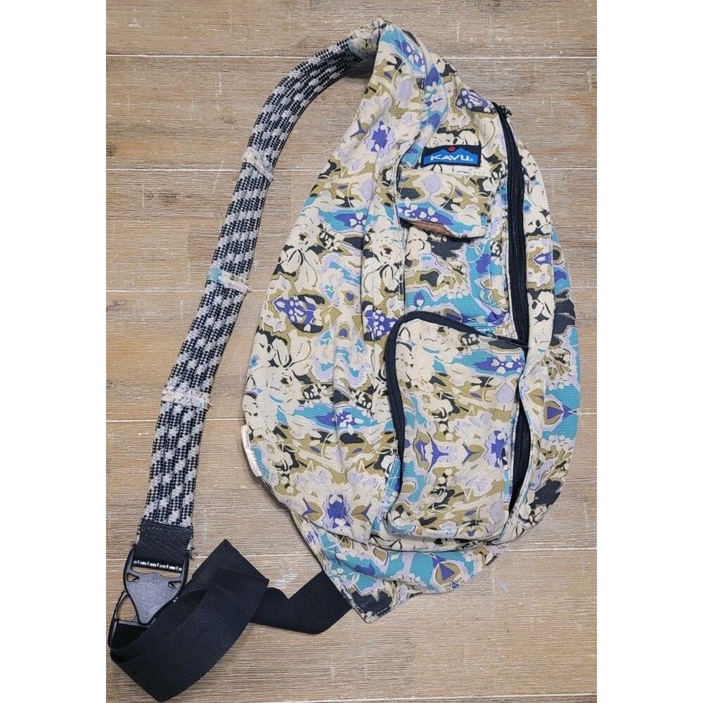 Kavu Rope Bag Sling Backpack Blue Tan Print Cotton Canvas Adjust ONE OF A KIND